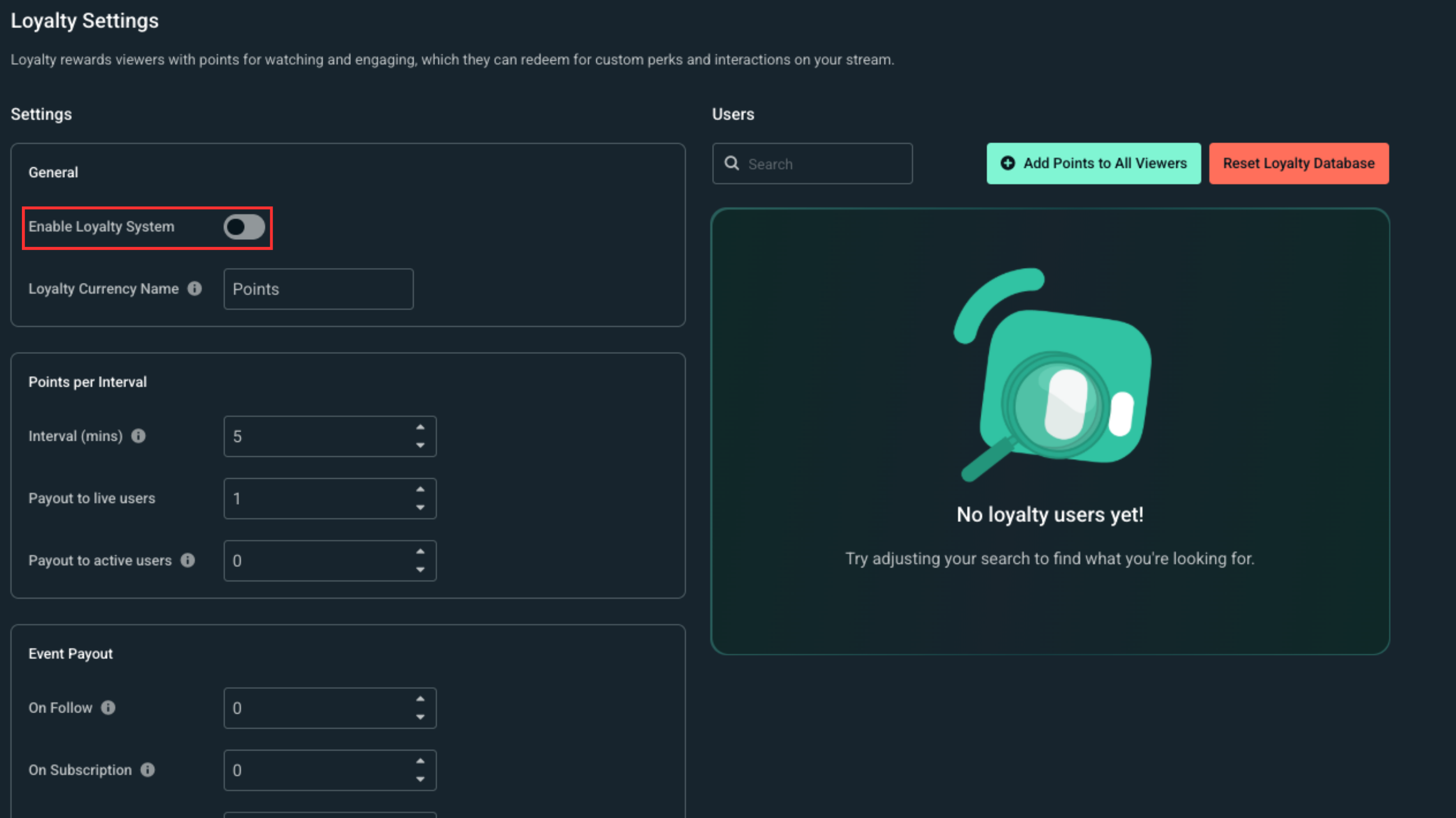 Loyalty Enable Toggle highlighted in Cloudbot settings